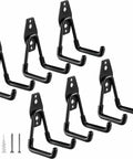 Heavy Duty Garage Hooks Six Pack Two Point Eight Inch U Shaped Wall Mounted Hanger For Ladders And Hose Tools And Bulk Items Organize Your Garage With A Durable Power And Garden Tool Storage System showing black hooks and screws