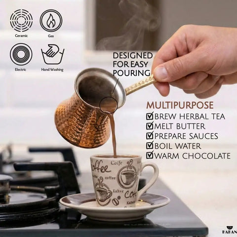 Turkish Coffee Pot For Stovetop Copper Water Boiler And Milk Warmer Even Heat And Quick Brew Handcrafted Copper Craft 6.5 Oz
