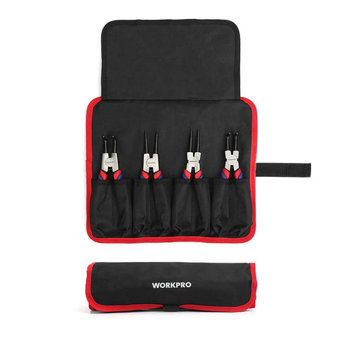 Pro Grade Four Piece Snap Ring Pliers Set for Internal and External Circlips, displayed in open black and red storage pouch with cover.