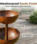 Close-up of 3 tier rain catcher garden stake with water bowls for birds bird bath and butterfly feeder outdoor yard art decor
