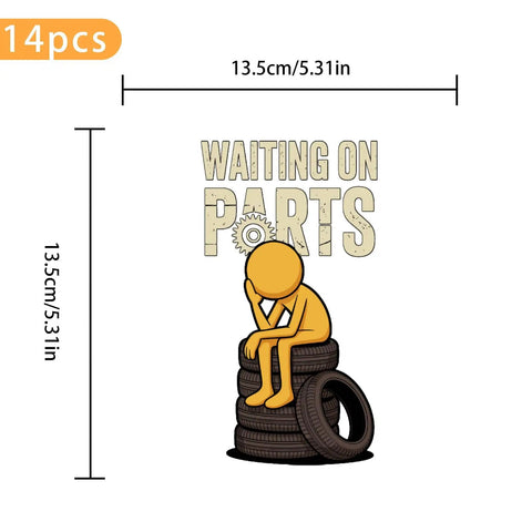 Iron On Stickers For Clothing Set Of 14 Pieces Easy Heat Transfer Designs For Shirts Jackets And Hoodies Perfect For Diy Style Updates Realistic Details Smooth Application And Long Lasting Color, 13.5cm x 13.5cm waiting on parts tire design