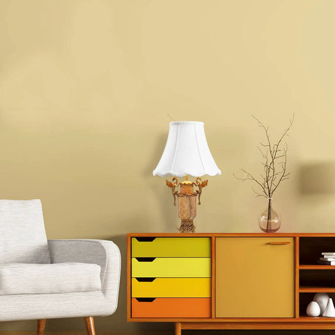 White Bell Scalloped Table Lamp Shade With Brass Harp Set on wooden cabinet in modern living room scene