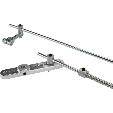 Universal Tri Power Throttle Linkage Kit Featuring Adjustable Drilled Arms For Roll Smooth Carburetor Hookups compatible parts in polished metal.