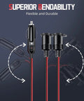13Ft 12V/24V Heavy Duty Cigarette Lighter Extension Cable 16AWG Male Plug To Female Socket Adapter With Dual 15A Fuses And LED Indicator Lights For Tire Inflator Air Compressor, flexible cable