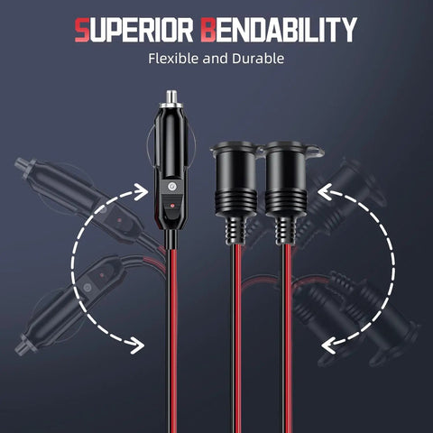 13Ft 12V/24V Heavy Duty Cigarette Lighter Extension Cable 16AWG Male Plug To Female Socket Adapter With Dual 15A Fuses And LED Indicator Lights For Tire Inflator Air Compressor, flexible cable