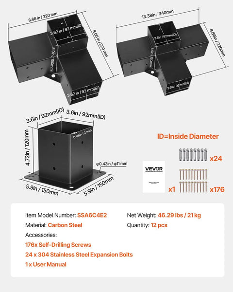4x4 Pergola Brackets Kit For 3.5x3.5 Inch Wood Beams With 3-Way Brackets (4 Pieces) And 4-Way Brackets (2 Pieces) Plus 6 Post Bases For Outdoor Pergolas Gazebos And Sheds, Easy Install, Heavy Duty And Weather Ready
