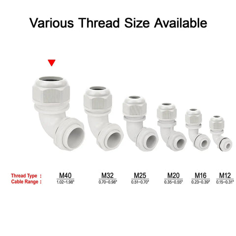 Various sizes of right-angle cable glands shown with M40 90 Degree Cable Gland Set, Adjustable 26-33mm Fit focus, IP68 waterproof.