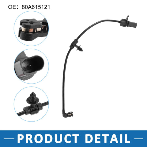Rear brake pad wear sensor for Audi Q5 2018; black plastic sensor with wiring harness and mounting clip (main view)