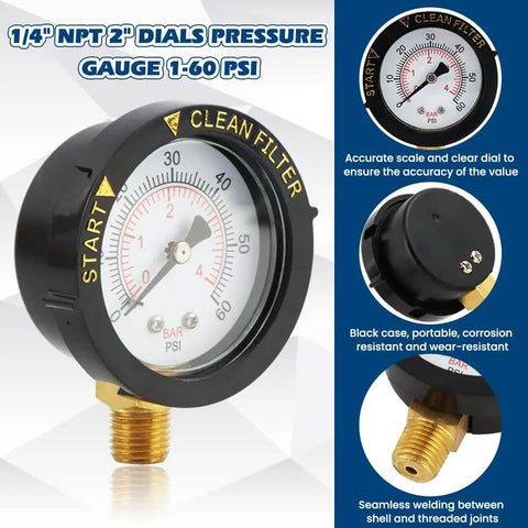 0-60 Psi Pool Filter Pressure Gauge With A Pro Grade Built To Last 2 Inch Dial, 1/4 Inch NPT Lower Mount, Stainless Steel Case, IP67 Waterproof