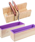DIY Soap Making Cutting Kit With Two Purple Silicone Molds In Wood Boxes Adjustable Wood Cutter And Stainless Steel Wavy And Straight Scrapers
