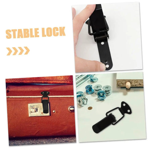 Multipurpose Four Piece Toggle Clamp Latch Kit With Spring Loaded Security Fasteners on suitcase and hand demonstration