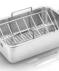 15 Inch Stainless Steel Roasting Pan With Cooling Rack For Juicy Turkey Chicken And Ham Roaster Includes V-Shaped Baking Rack And Nonreactive Metal