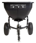 Front view of Tow Behind Broadcast Spreader With Universal Hitch 175 Lb Capacity Durable Poly Hopper for lawn care
