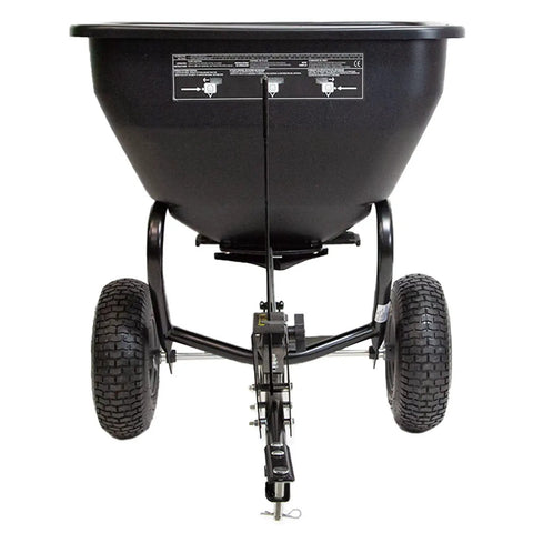 Front view of Tow Behind Broadcast Spreader With Universal Hitch 175 Lb Capacity Durable Poly Hopper for lawn care
