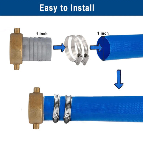 1 Inch Aluminum Pin Lug Fitting Set With Brass Swivel Nut, Female To Male Pipe Thread Connectors, Lightweight And Rustproof, Includes 2 Fittings And 2 Clamps For Rock Solid Hose Or Pipe Connections showing 1 inch hose installation