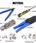 Pro Grade Coaxial Cable Tool Set With Ratchet Crimp Tool, Coaxial Stripper, 10 BNC UHF 50 Ohm Male Connectors shown with material details
