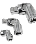 Universal Joint Socket Set With Ball Spring Design Three Piece One Quarter Inch Three Eighths Inch And One Half Inch Chrome Vanadium Steel