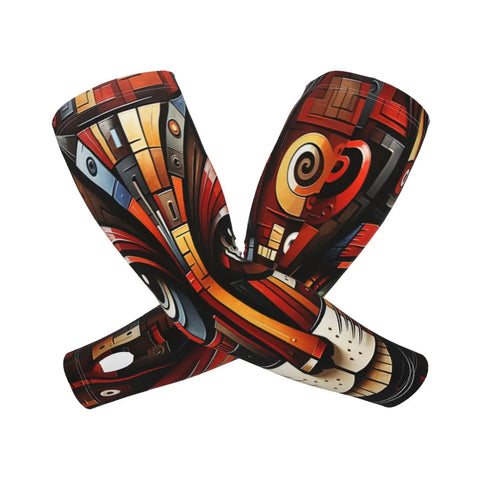 Snag These Fly Ice Silk Arm Sleeves With Cute Cat Graphics And Grippy Thumb Holes Offering Ultra Cool UV Shielding For Hot Days Of Running Cycling Or Driving. Colorful abstract design in red and blue.