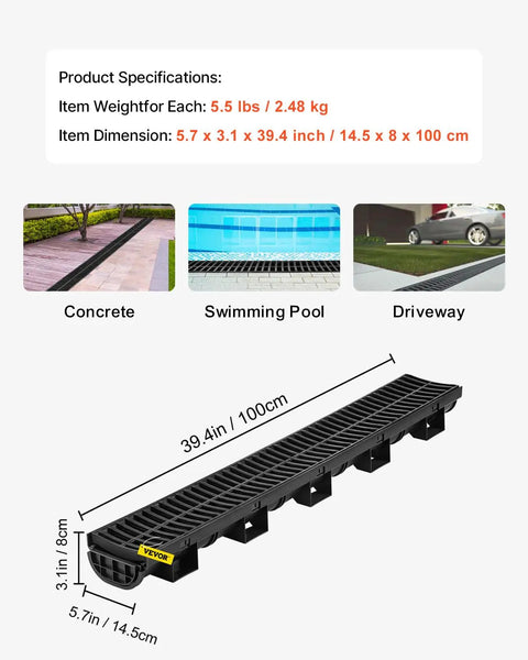 Six 39 Inch Trench Drain Channel System With Plastic Grate For Driveways And Gardens, HDPE black water channel dimensions.