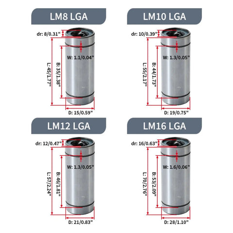 High Temp Steel Cage Linear Motion Bearing LM8GA LM40LGA For 3D Printer CNC Heavy Duty Precision Guide Rail Bearing With Low Friction Durable Heat Resistant Axial Motion Easy Install For Smooth Axis Travel For DIYers sizes LM8 LGA LM10 LGA LM12 LGA LM16 LGA