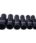 Half Inch Drive Harmonic Balancer Socket Set For Crank Bolts, sizes 17mm to 27mm, heavy-duty impact sockets in a row, black finish