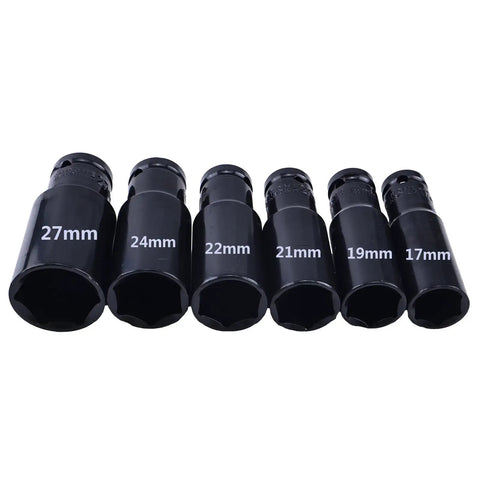 Half Inch Drive Harmonic Balancer Socket Set For Crank Bolts, sizes 17mm to 27mm, heavy-duty impact sockets in a row, black finish