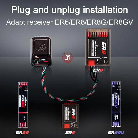 Hot Pick GPS Module For ExpressLRS PWM Receivers With CRSF Telemetry, showing plug and unplug installation with ER6/ER8 adapters