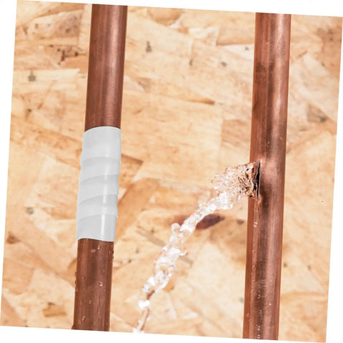 Peel And Stick Leak Repair Tape For Plumbers Rubberized Seam Tape applied to copper pipe with water leak fixed