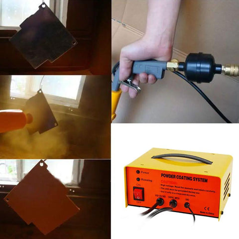 Pro Grade Electrostatic Powder Coating System with spray gun, power source, metal part coating process and control box visible