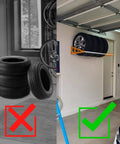 Wall Mount Tire Rack With Adjustable 31 To 56 Inch Range, Heavy Duty Steel Telescopic Rods, 400 Pound Capacity, Orange in garage