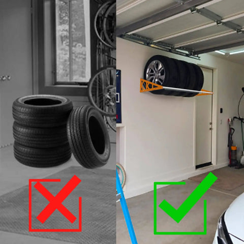 Wall Mount Tire Rack With Adjustable 31 To 56 Inch Range, Heavy Duty Steel Telescopic Rods, 400 Pound Capacity, Orange in garage