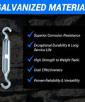 Heavy Duty M12 Galvanized Steel Turnbuckle Hook To Hook Rigging Connector Rust Proof Tension Adjuster Workhorse Grade For Fences And Machinery 3 Pack with corrosion resistance features.