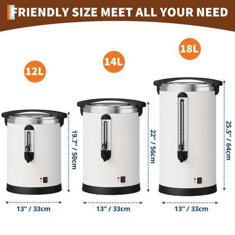 Comparison of 12L, Massive 14L Electric Coffee Urn Double Wall Stainless Steel Commercial Beverage Dispenser, and 18L models with dimensions.