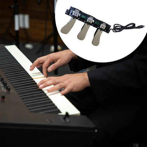 3 Pedal Board For Digital Pianos With Non Slip Lightweight Replacement Sustain Pedal shown with hands playing keyboard