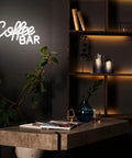 Coffee Bar Neon Sign LED Light for Cafes and Bars, modern wall decor and table setting with bright white glow artwork