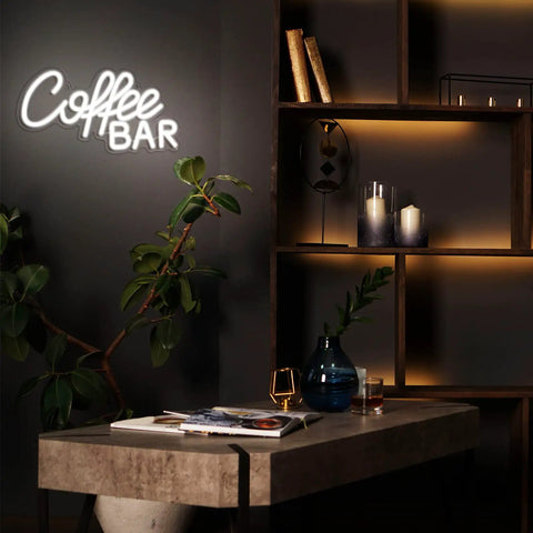 Coffee Bar Neon Sign LED Light for Cafes and Bars, modern wall decor and table setting with bright white glow artwork