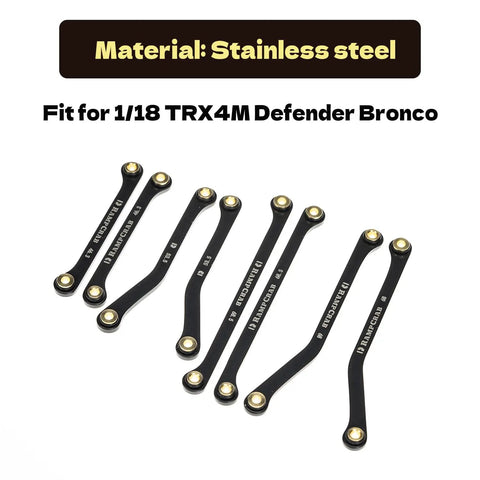 Beefed Up Heavy Duty Stainless Steel High Clearance Link Set For TRX4M Defender And Bronco Black Coated Drop In Replacement For Stock Plastic Links Precision Machined For Stable Performance 42g Per Set, black links laid out