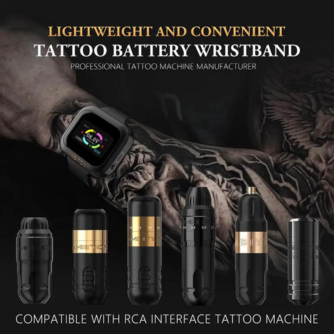 Touch Screen Tattoo Power Supply With 1600mAh Battery And LCD Display, Lightweight Aluminum Frame, Silicone Wristband, Portable Ready Pack For Rotary Tattoo Machines, Perfect For Outdoor Sessions tattoo battery wristband on tattooed arm