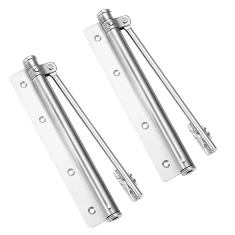 Adjustable Door Closer With Automatic Closing For Standard Hinged Doors in stainless steel, large 17 cm size, shown side by side.