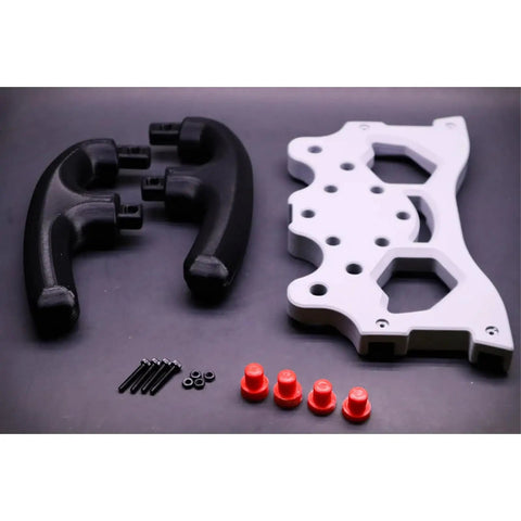 Rock Solid F1 Style Racing Wheel Mod Kit For Logitech G29 G920 G923 showcasing modular black grips and white overlay parts.