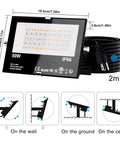 Diagram showing dimensions and mounting options of Outdoor RGB Flood Lights With 500W Equivalent Brightness Bluetooth App Control IP66 Waterproof.