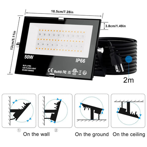 Diagram showing dimensions and mounting options of Outdoor RGB Flood Lights With 500W Equivalent Brightness Bluetooth App Control IP66 Waterproof.
