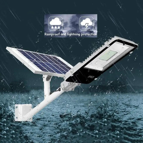 JUDYSSY Led Solar Street Light with solar panel, mounted in rain, waterproof aluminum design, suitable for outdoor use.