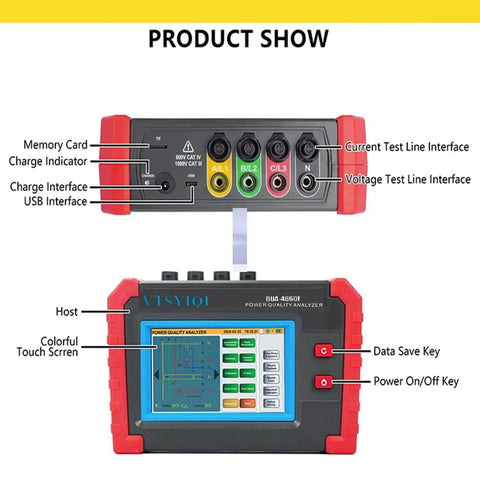 No Sweat Mini Three Phase Power Quality Analyzer With Four PC Current Clamps And Usb Logging For Precise Harmonic Diagnosis and Heavy Duty Circuit Checks, front view showing connections and touchscreen.