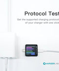 KM003C Portable USB C Fast Charging Tester With PD 3.2 And QC5.0 connected displaying protocol test for charging evaluation
