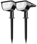 Outdoor Solar Spotlight Lights Two Pack IP65 Waterproof 32 LED Cold White Three Lighting Modes shown with ground stakes