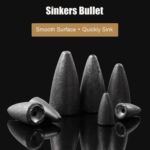 Bullet Fishing Sinkers 50 Pcs Set For Bass Texas Rig Weedless Fishing Sliding Slip Sinkers displayed with smooth surface texture