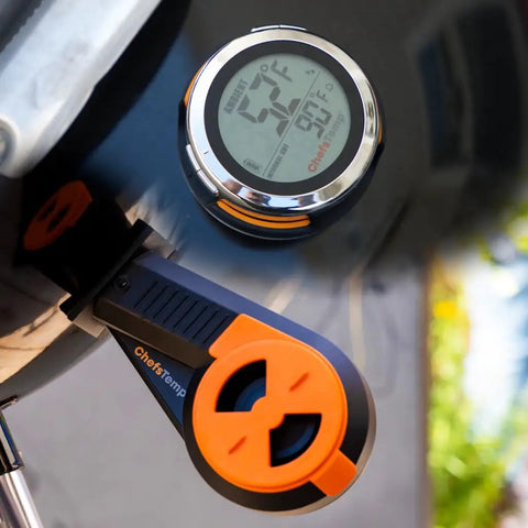 Close-up of Universal Smart Grill Gauge Thermometer Hub with Wi Fi and Bluetooth for Kamado Joe Weber Grills and Smokers Replacement Accessory