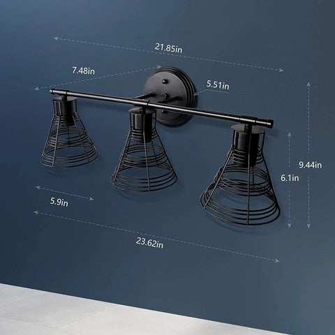 Vintage Industrial 3 Light Bathroom Vanity Fixture In Matte Black With Cage Design over Mirror for a Retro Farmhouse Vibe