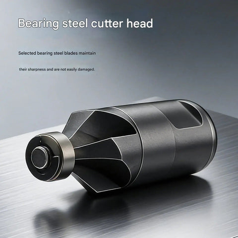 Heavy Lift Aluminum Alloy Grinder Chamfer Tool With Ergonomic Grip For Crisp Precision Tapering And Rock Solid Construction To Cut Through Metal Like Butter For Slick Finish, showing bearing steel cutter head.